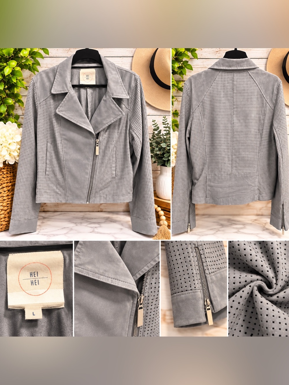 Hei Hei Gray Faux Suede Moto Jacket Perforated Zip Size Large